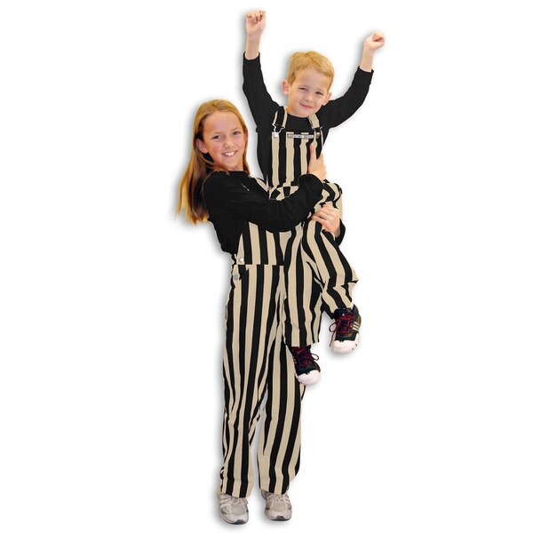 This is a pair of Black and Gold overalls. They are striped, and the stripes are vertical alternating black and yellow stripes.