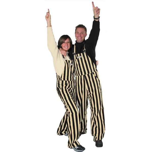 This is a pair of full length Adult overalls. They are striped black and gold vertically. There's a center pocket, 2 side pockets, and one back pocket.