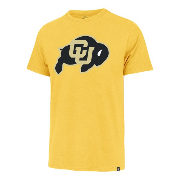 Front view of a gold t-shirt featuring the CU Buffaloes logo in black and Vegas Gold across the chest.