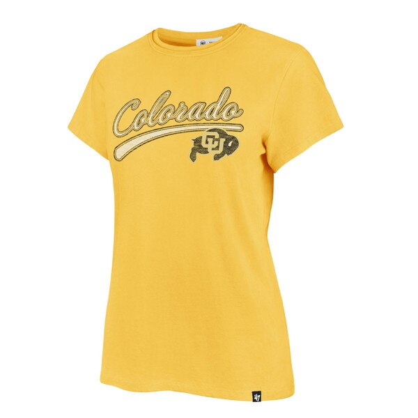 A yellow t-shirt that has "Colorado" written in white and black cursive with a line underneath. Also features the CU Buffalo logo in black and gold under the left side.
