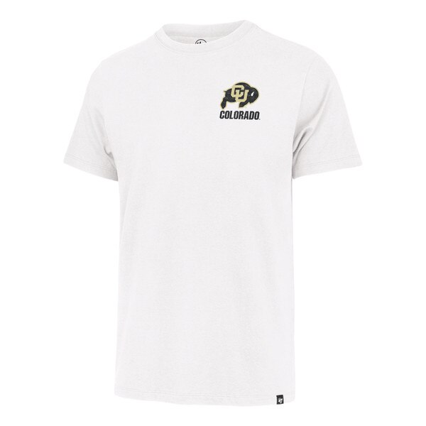 A white '47 Brand premier franklin short sleeve t-shirt with C.U buffalo logo on left chest.