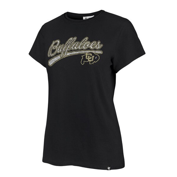 An all black t-shirt with white screen printed cursive writing that states "Buffaloes." The word is outlined in yellow with a line underneath. the cu buffalo logo on the right under line.