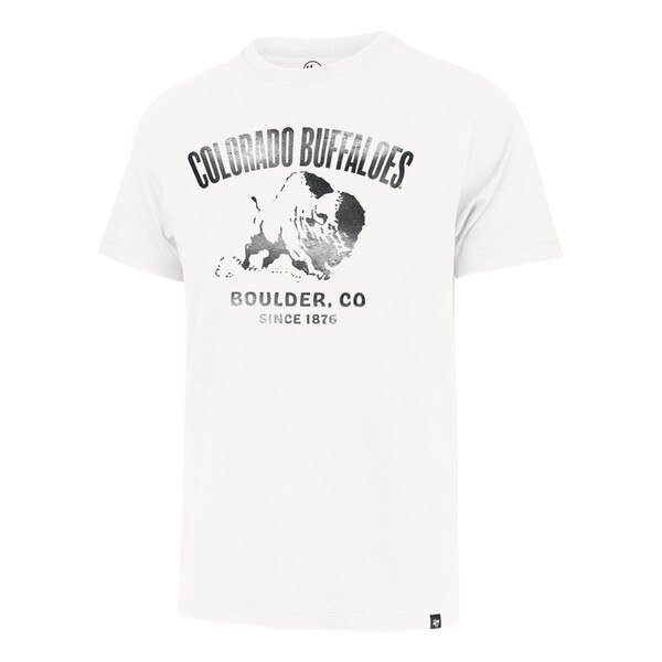 An off-white t-shirt that says "COLORADO BUFFALOES" in bold print above the vintage CU Buffalo logo. Also says "Boulder, CO" and the university's year of establishment. All in distressed black print.