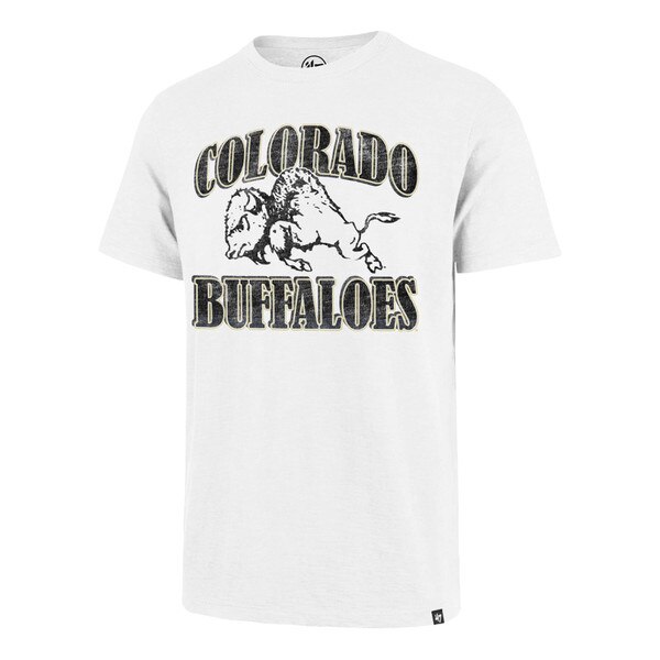"Colorado Buffaloes" black lettering outlined in vegas gold with a vintage buffalo graphic in-between on all with a slightly distressed design on a white short sleeve tee shirt.