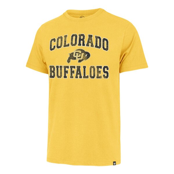 Front of vegas gold t-shirt with slightly distressed arched "colorado" over "buffaloes" in big black block letters with white outline with the CU Buffalo logo in the center.