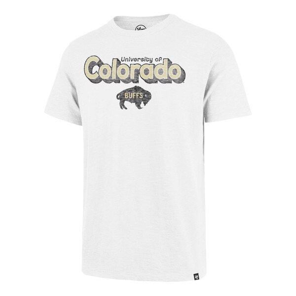 White t-shirt with "University of Colorado" with "Colorado" in larger bolder letters, with a buffalo graphic with the words "Buffs" written inside.