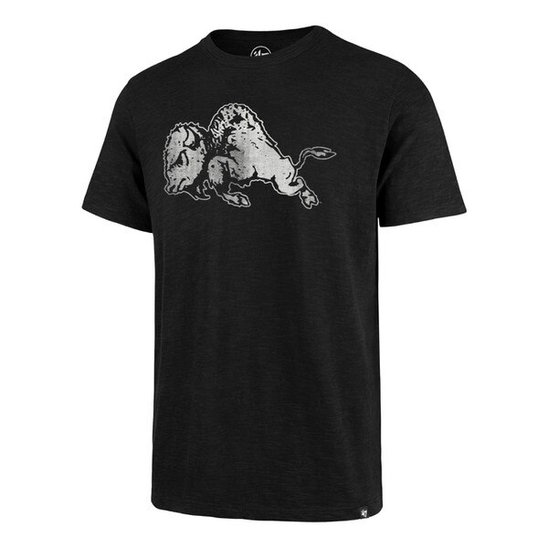 A black t-shirt with a faded, white realistic vintage buffalo screen printed on the center chest.