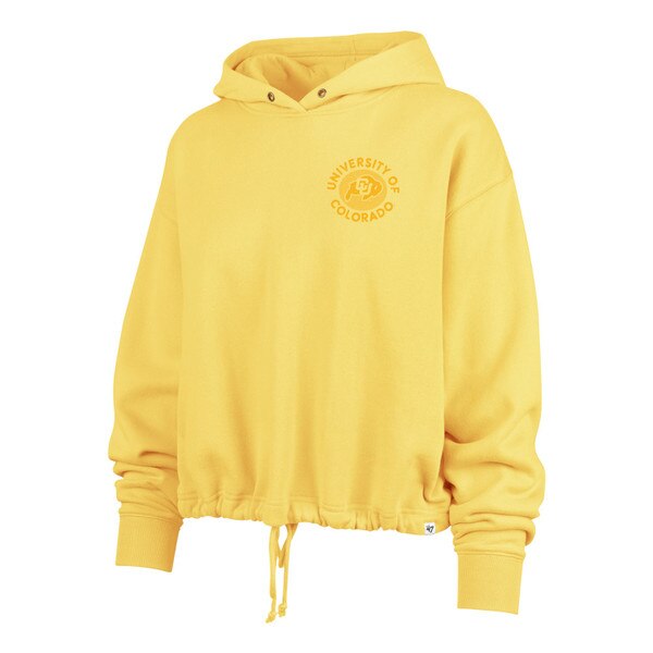 This is the front of the sweatshirt. It's a bright yellow color. There is a logo on the front that says "University of Colorado" with a filled in outline CU buffalo in the center. The logo is gold.