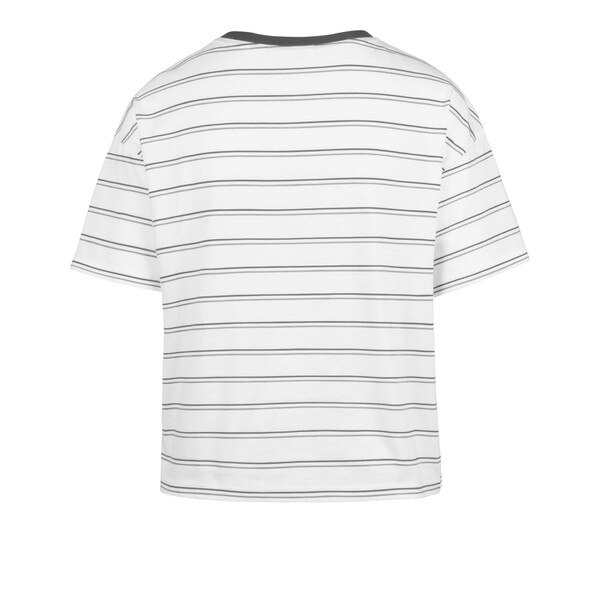 Back view of white and gray striped t-shirt with dark gray collar