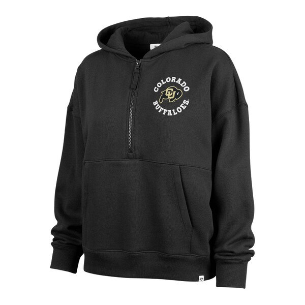 An all black hoodie with "Colorado Buffaloes" written in white font arching into a circle with the ralphie logo in the middle. This is on the left chest. A pocket on the front bottom of sweater.