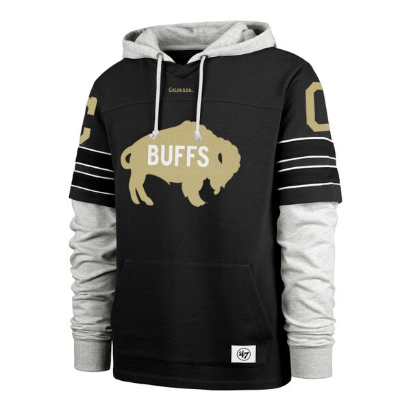 Black sweatshirt styled like a jersey over a gray hoodie, with a gold buffalo and white “BUFFS” on the chest.
