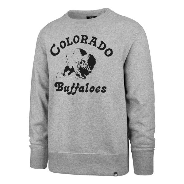 Front view of a gray crewneck sweatshirt featuring “Colorado Buffaloes” in black lettering with a vintage CU Buffaloes logo centered between the text.