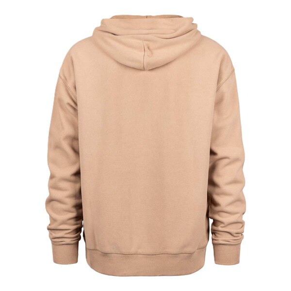 Back view of a tan hoodie with ribbed cuffs and hem, showing a plain design without graphics.