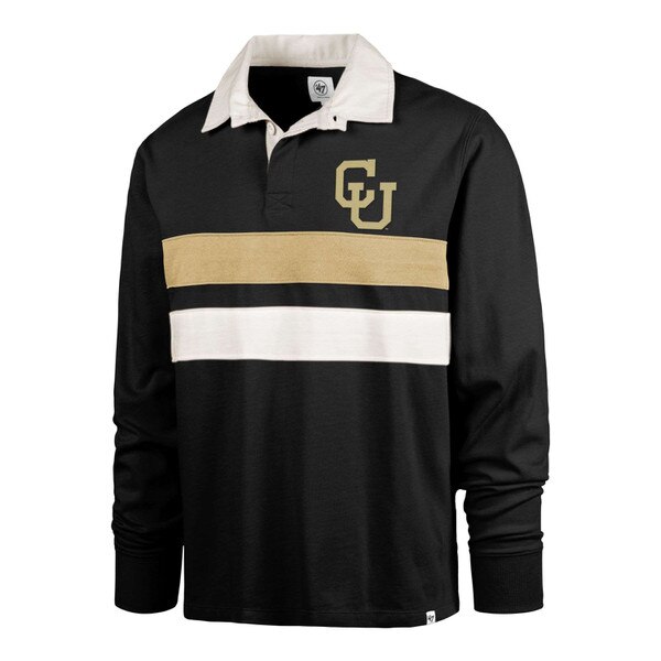 A black long sleeve with a gold interlocking CU emroidered on the left chest. A cream colored collar on the shirt. One gold and one white stripe are on the stomach area of the shirt.