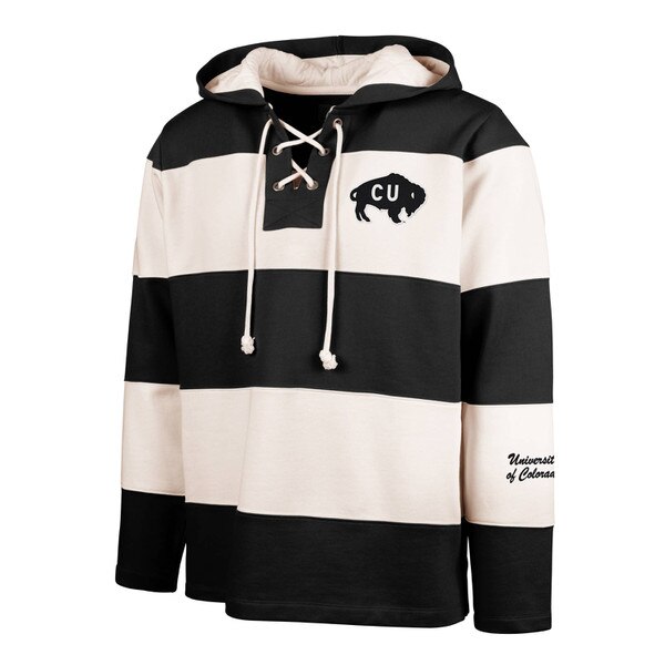 Black and cream striped lace-up hoodie featuring a CU buffalo graphic on the left chest and “University of Colorado” embroidered on the left sleeve.