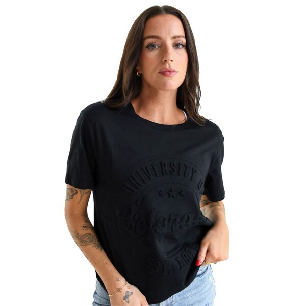 This is a fully black t-shirt. The design of the front has a circular frame. All details on the shirt are embossed, and there is no printing.