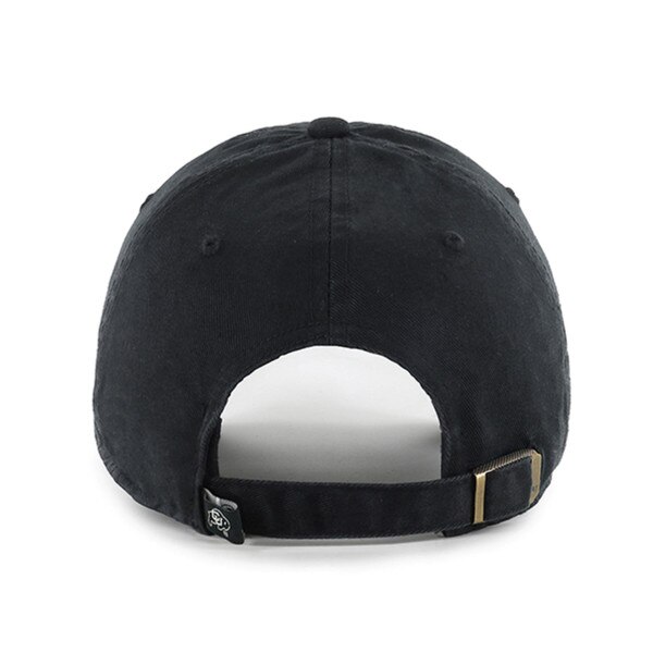 Back view of black baseball cap with adjustable strap, metal buckle, and small CU Buffaloes logo tag on the left side of the strap.