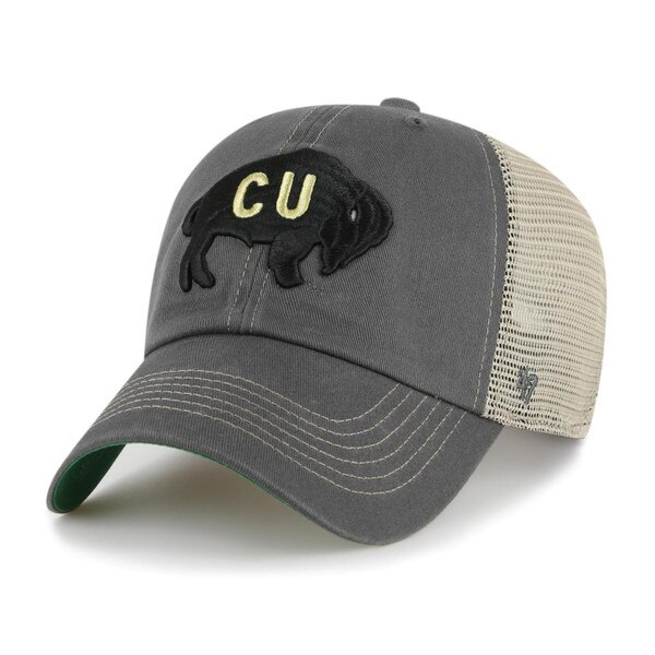 Front view of a gray cap with an embroidered buffalo logo and CU text on the front, featuring a beige mesh back.