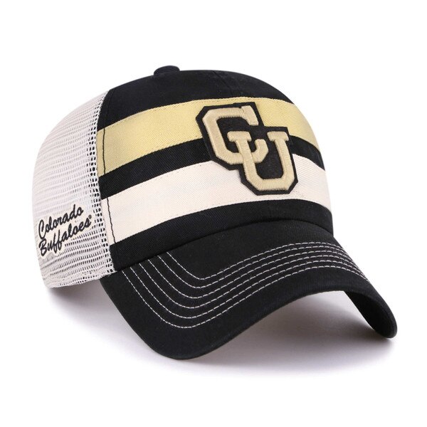 Black and white mesh-back trucker hat with gold and white stripes, embroidered interlocking CU logo on front, and “Colorado Buffaloes” stitched on the side.