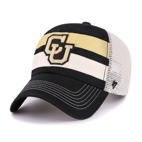 Front and side view of black and white mesh-back trucker hat with gold and white stripes, embroidered interlocking CU logo on front, and black 47 brand logo on the mesh.