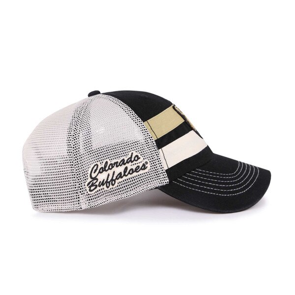 Side view of black and white mesh-back trucker hat with gold and white stripes and “Colorado Buffaloes” embroidered on the mesh panel.