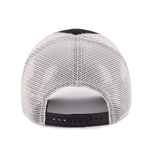 Back view of black and white mesh-back trucker hat with black plastic snapback closure.