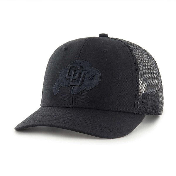 Front view of a black University of Colorado trucker hat featuring a tonal CU Buffaloes logo and mesh back panels.