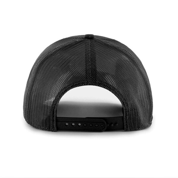 Back view of a black mesh University of Colorado trucker hat featuring an adjustable snapback closure.