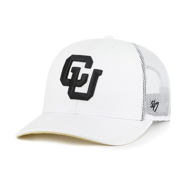 A '47 Brand white trucker hat with the interlocking C.U logo embroidered on the front center and mesh back.