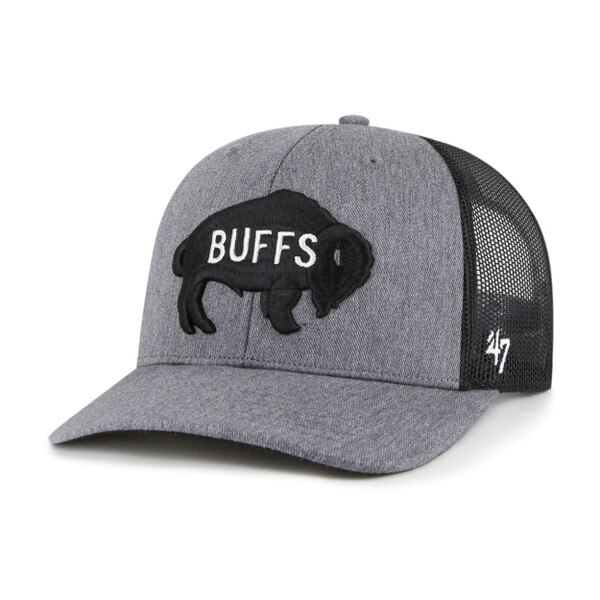 Charcoal gray mesh trucker hat with embroidered black buffalo patch reading "BUFFS" on the front and white '47 logo on the side.