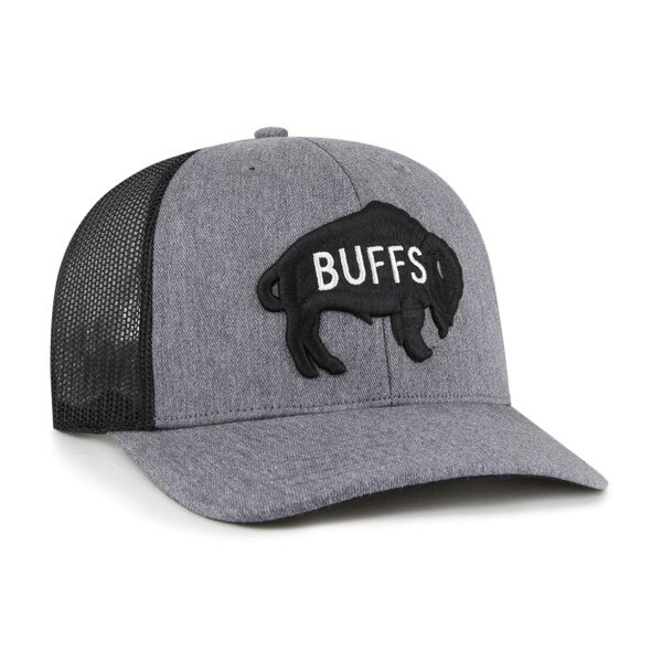 Side view of a charcoal gray mesh-back hat with an embroidered black buffalo patch reading "BUFFS" on the front.