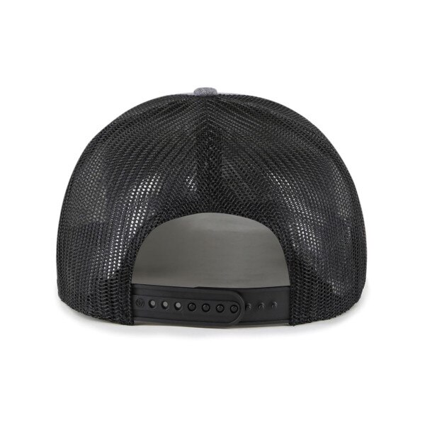 Back view of a charcoal gray mesh-back snapback hat with adjustable closure and breathable black mesh paneling.