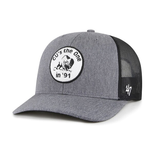Charcoal gray mesh trucker hat with “CU’s the One in ’91” patch and vintage buffalo logo, featuring white ’47 brand logo on the side.