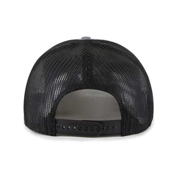 Back of charcoal gray mesh trucker hat with black adjustable snapback closure and black mesh panels.
