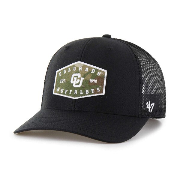 A black trucker hat with a camo print patch on the center front. The patch has "Colorado Buffaloes" written in white and a white interlocking CU logo in between. The patch also read "EST. 1876".