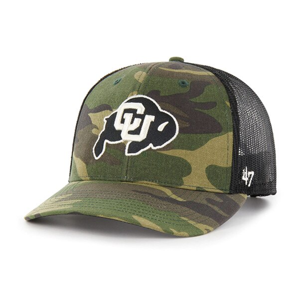 Camouflage cap with CU Buffaloes logo, black mesh back, and adjustable snap closure.