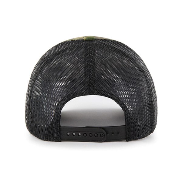 Rear view of a camo CU Buffaloes trucker hat with adjustable black snapback closure and breathable black mesh paneling.