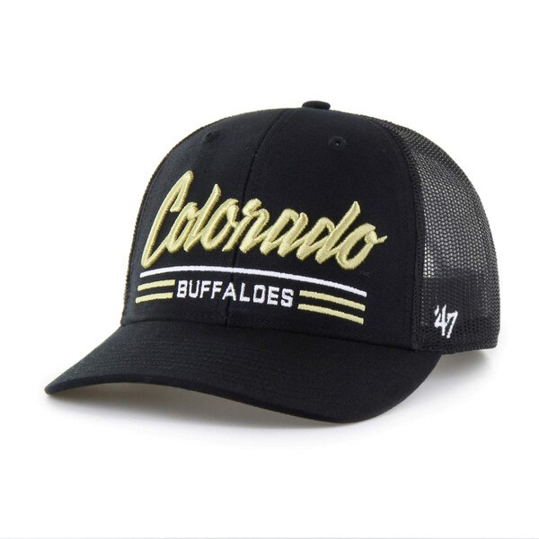 Black mesh-back trucker hat with gold embroidered “Colorado” script, white “Buffaloes” text, and gold and white stripe detailing on the front, plus white 47 brand logo on the left side.