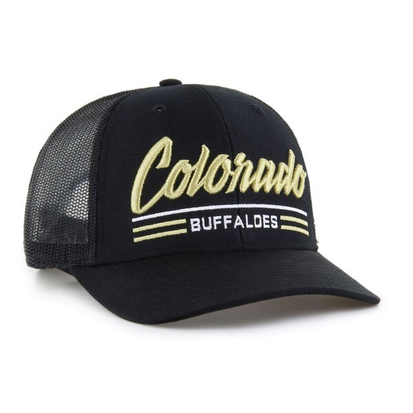 Alternate angle of black mesh-back trucker hat with gold embroidered “Colorado” script, white “Buffaloes” text, and gold and white stripe accents on the front.