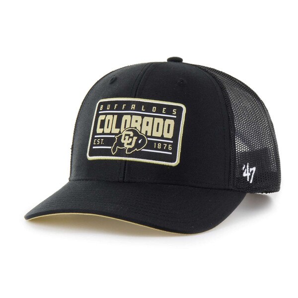 Front view of black trucker hat with mesh back, featuring a rectangular patch with Colorado text, CU Buffaloes logo, and "Buffaloes Est. 1876".