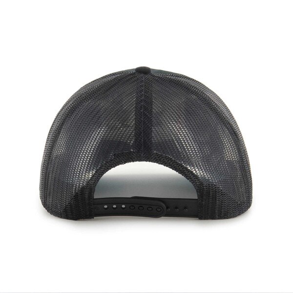 Back view of black trucker hat with black mesh panels and adjustable snapback closure.