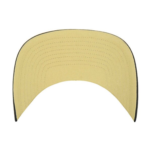 Underside of curved hat brim in Vegas gold with black edge detail and stitched paneling.