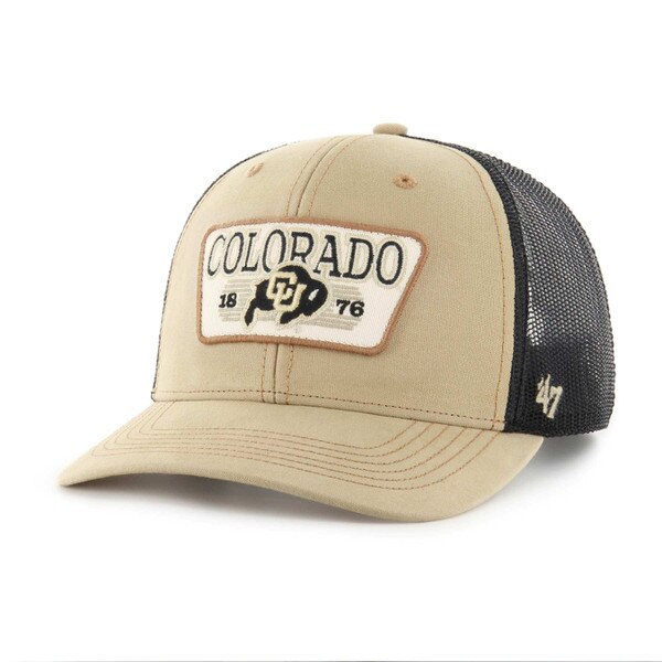 A beige hat with an embroidered patch that says "Colorado" above the CU buffalo logo and 1876, all in black and gold.