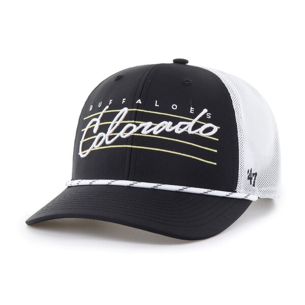 Black and white mesh-back rope hat with embroidered “Buffaloes Colorado” text and gold stripes on front, plus black 47 brand logo on the left side.