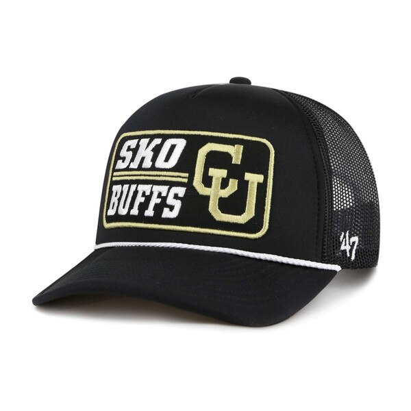 Front of a black mesh trucker hat with a white rope across the visor, featuring a gold-outlined patch reading "SKO BUFFS" and the CU interlocking logo in gold.