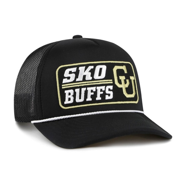 Angled view of a black trucker hat with mesh sides, white rope detail on the brim, and an embroidered patch reading "SKO BUFFS" with the CU interlocking logo in gold.