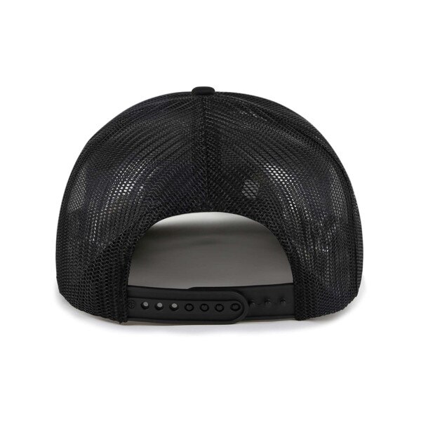 Rear view of a black trucker hat with a mesh back and adjustable snapback closure.