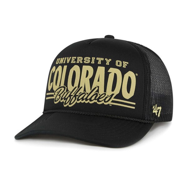 Front view of black CU Buffs trucker hat with gold “University of Colorado Buffaloes” graphic and mesh back.