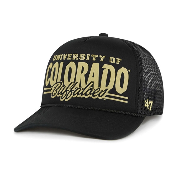 Front view of black CU Buffs trucker hat with gold “University of Colorado Buffaloes” graphic and mesh back.