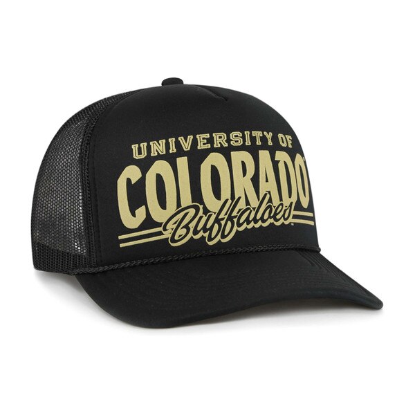 Angled view of black University of Colorado Buffaloes trucker hat featuring bold gold lettering and black mesh panels.